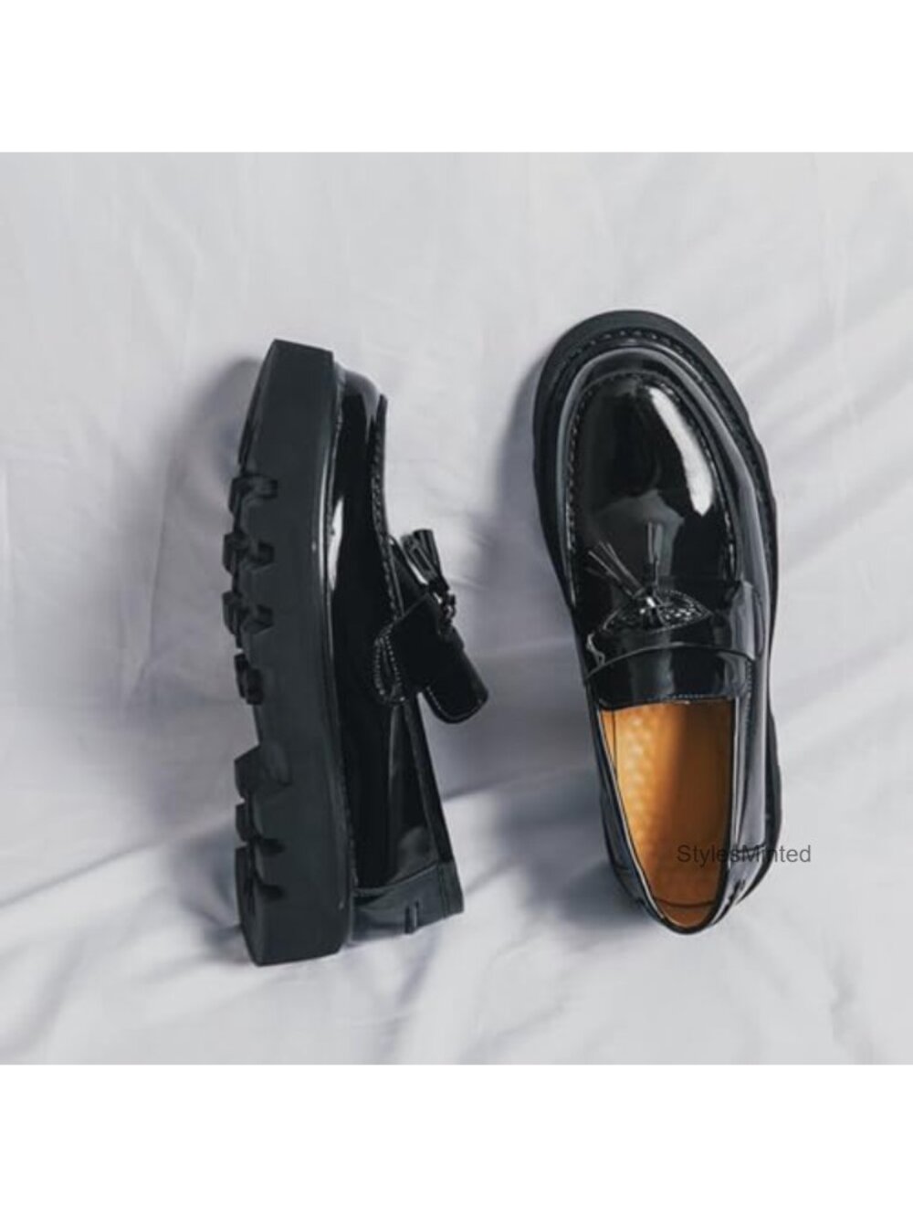 Men's Patent Leather Slip-On Tassel Loafers Platform Dress Shoes - Picture 3 of 5
